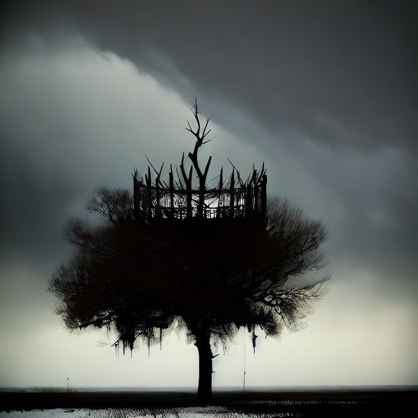 A dark tree silhouetted in a flat landscape with a strange nest in the top.