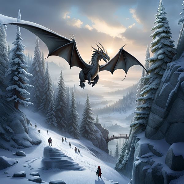 A dragon flying above a narrow, snow-filled valley with a bridge and figures in the foreground.
