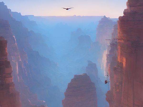 A desert canyon at sunset with hazy blue shades and a dragon soaring in the distance.