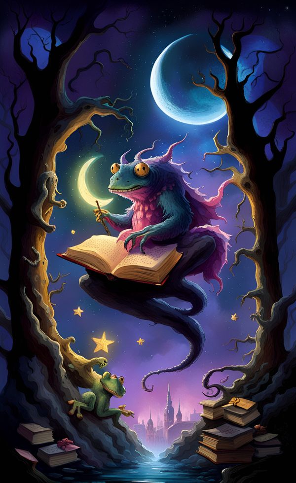 A frog hovering between two trees holding a wand and holding a book. 